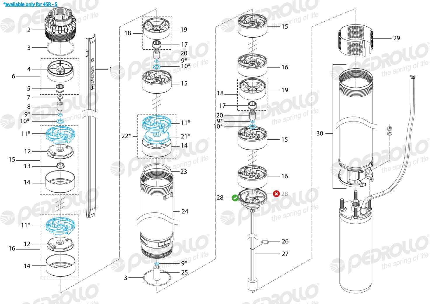Despiece Pedrollo 4SR 33G/100-S · Rosca GAS · versión BA